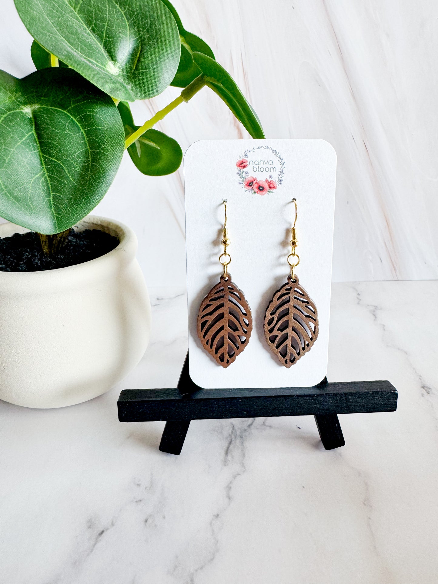 wood leaf earrings