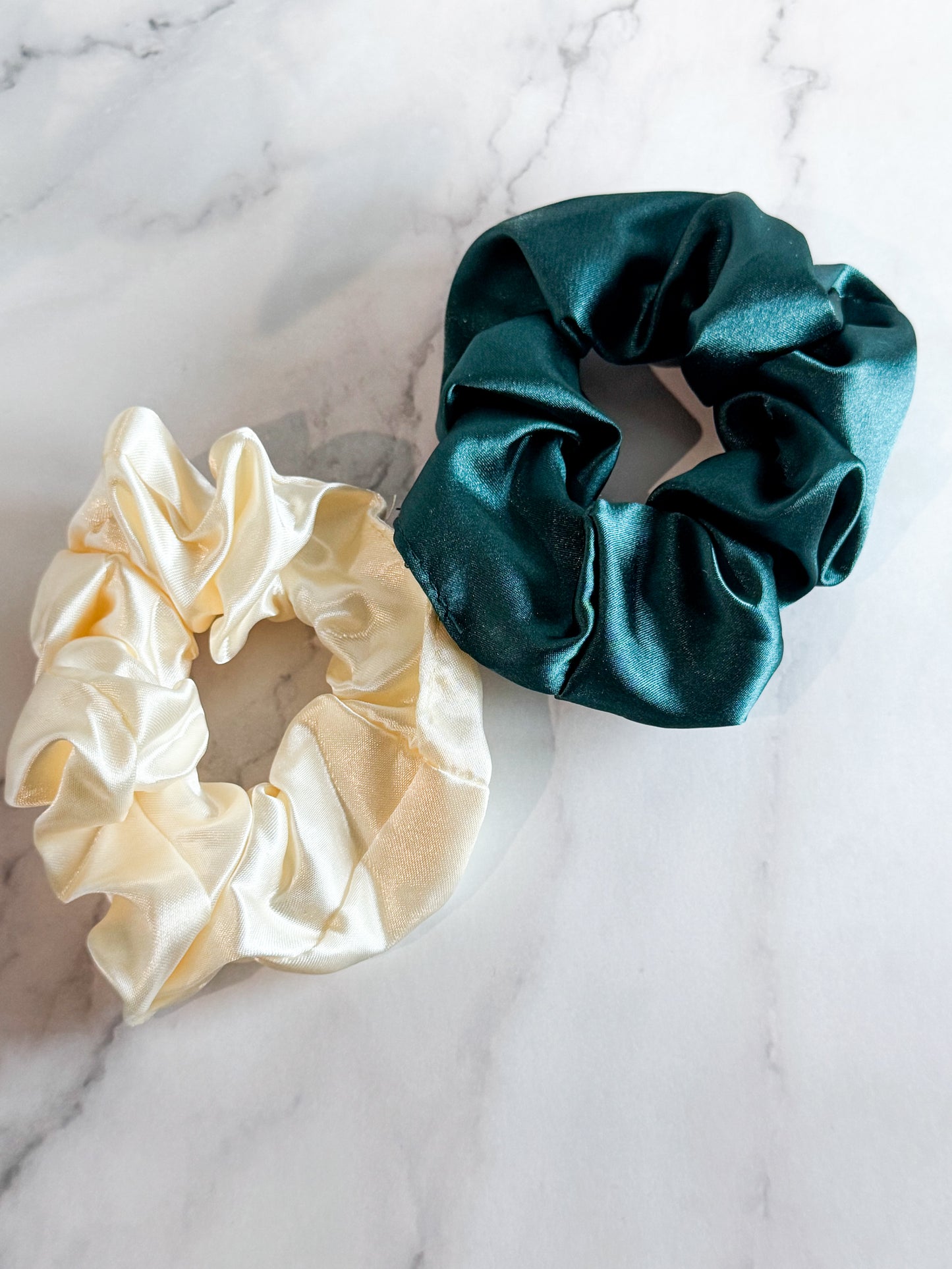 hair scrunchies in ivory pearl and midnight green