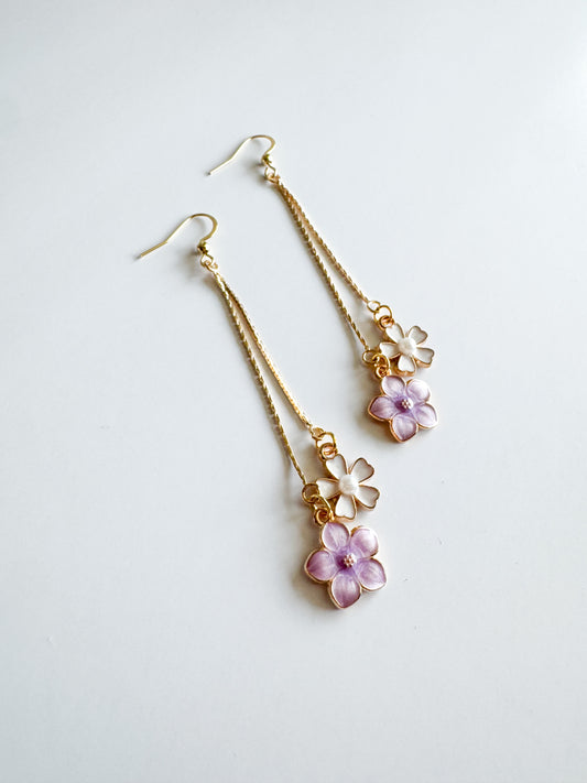 white & purple flower earrings