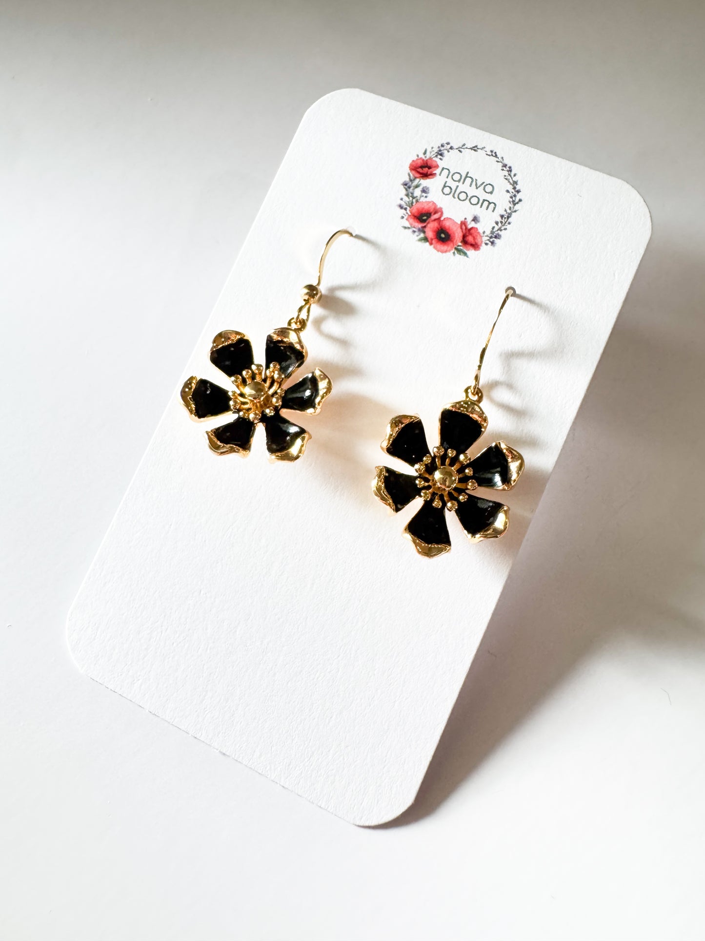 gold & black enamel flower earrings