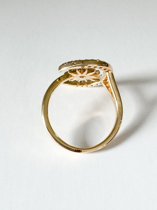 cubic zirconia pave sun & moon adjustable gold ring