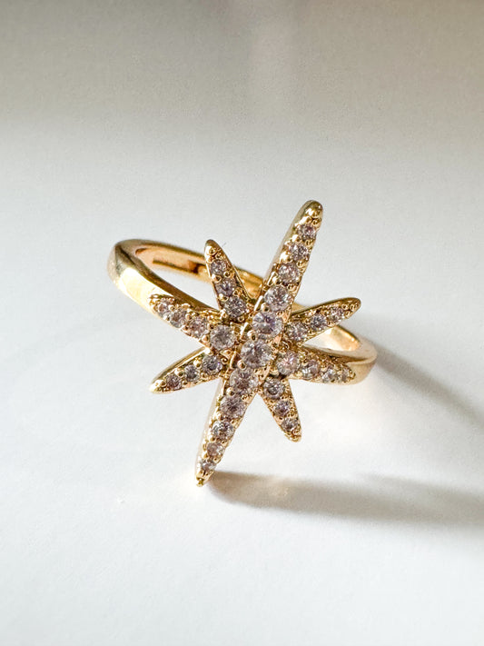 cubic zirconia pave gold star adjustable ring