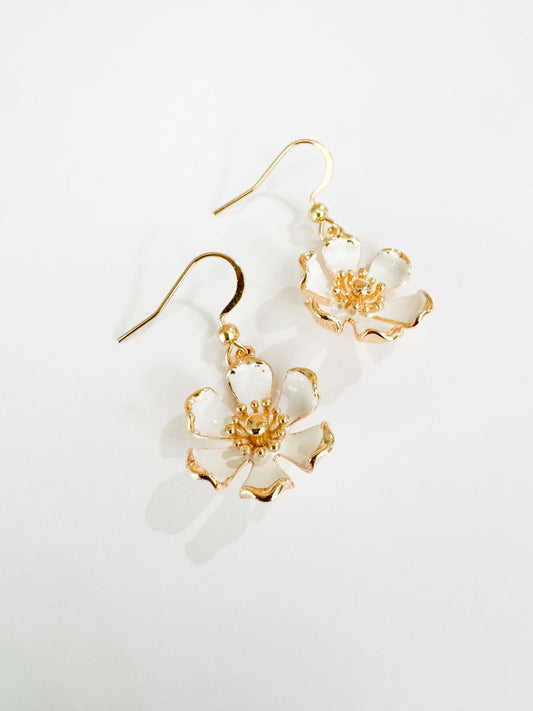 gold & white enamel flower earrings
