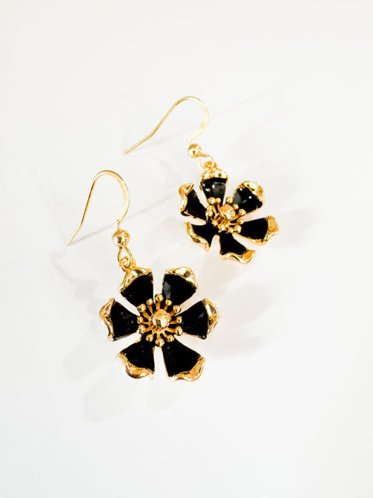 gold & black enamel flower earrings
