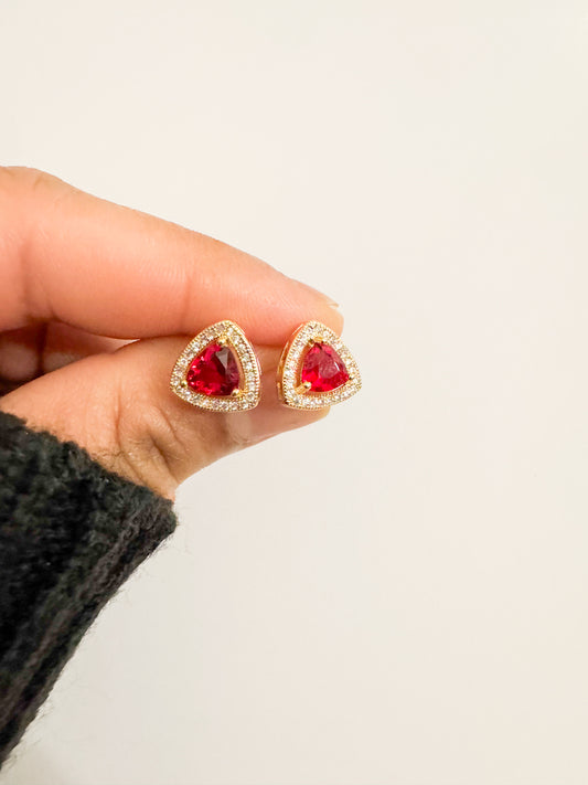 red cubic zirconia pave triangle studs