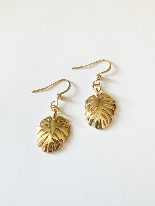 gold monstera earrings