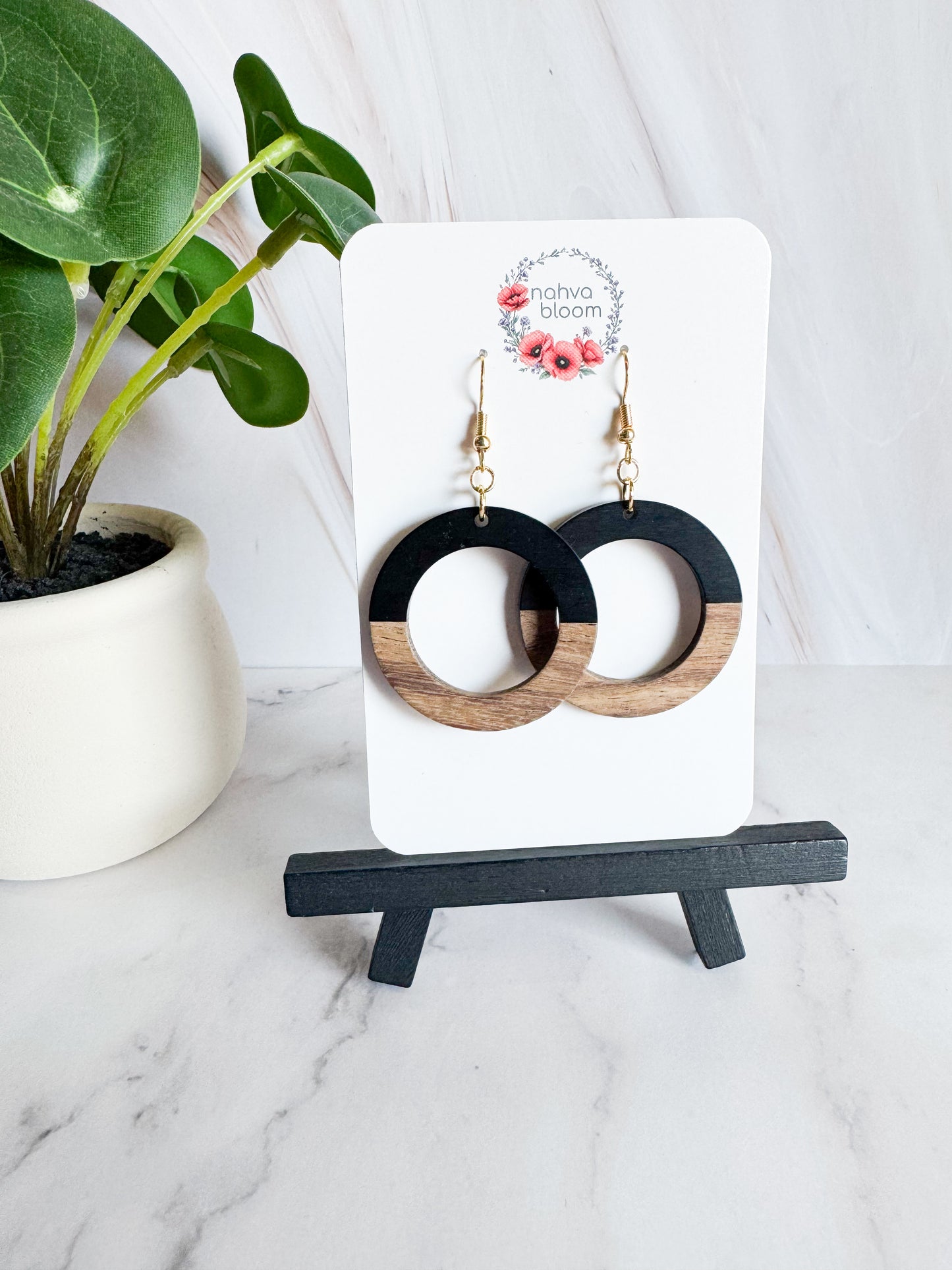 black & wood circle earrings