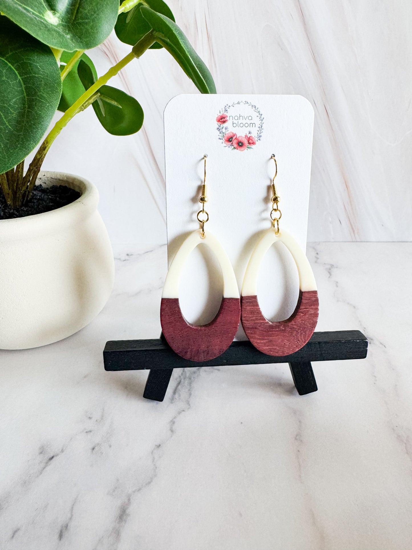 white & wood earrings
