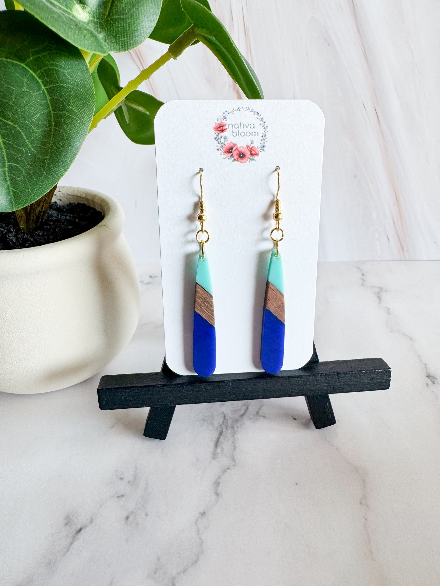 blue & wood earrings