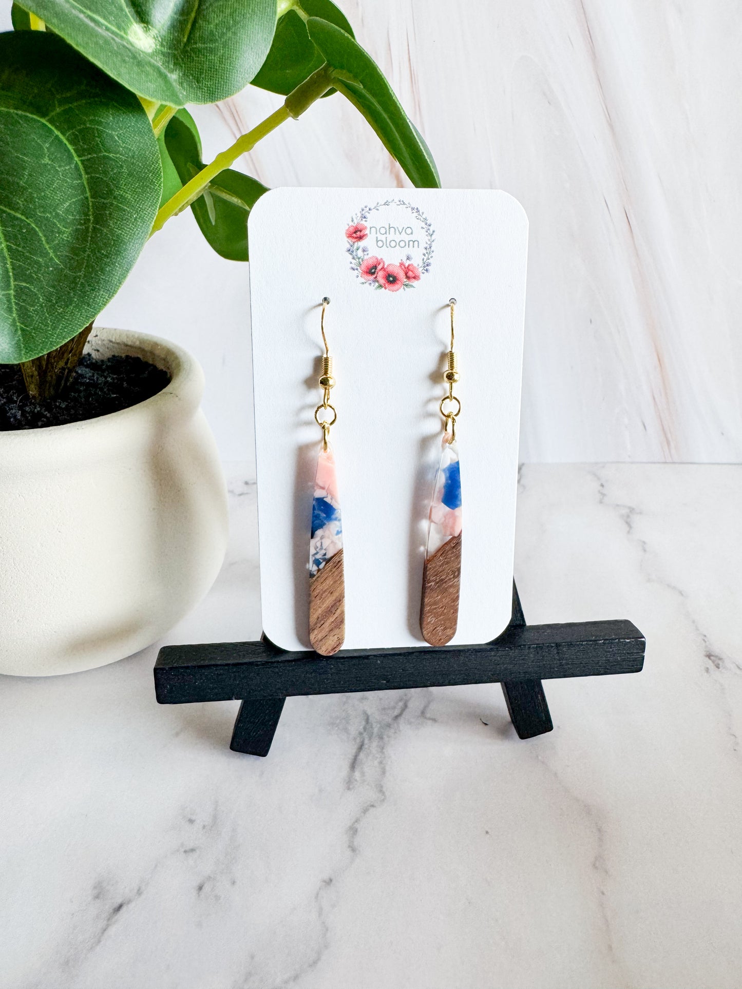 blue/pink & wood Earrings