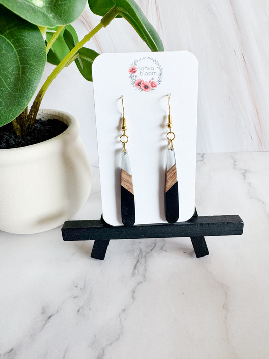 black/translucent gray & wood earrings