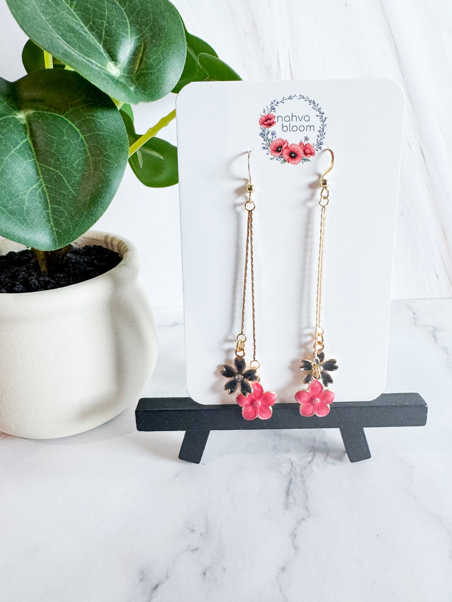 black & pink flower earrings