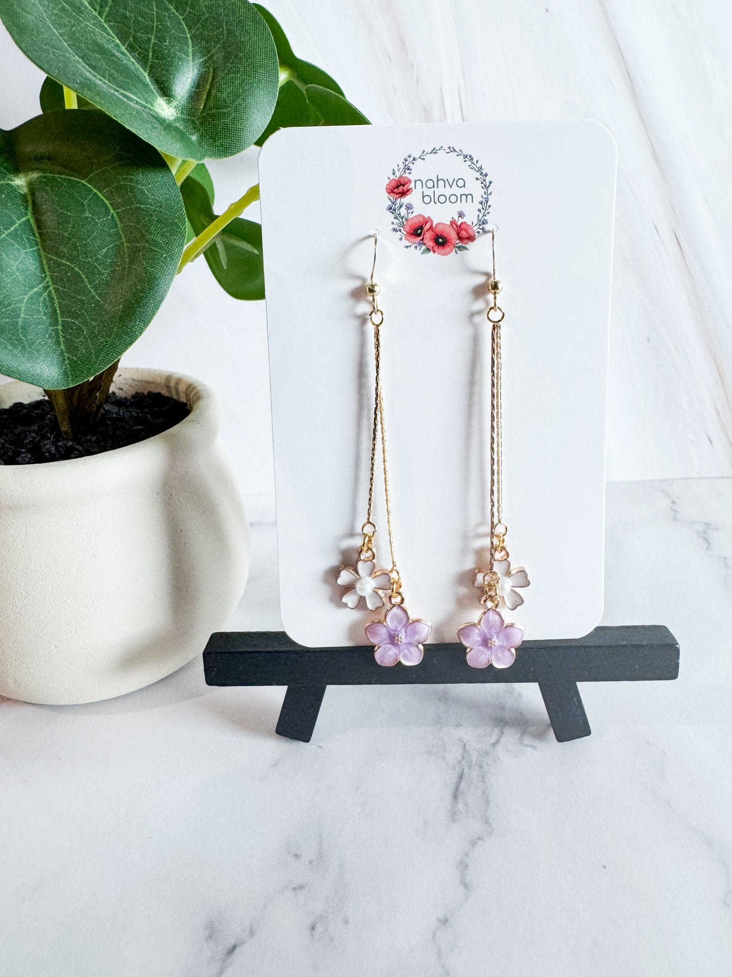 white & purple flower earrings