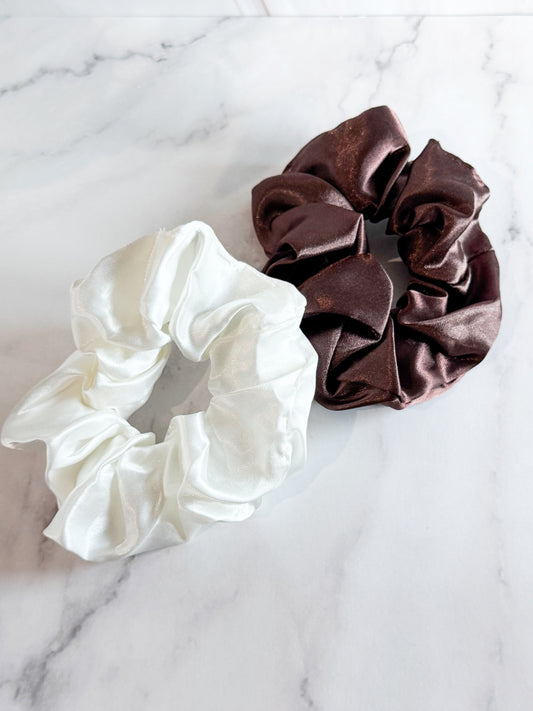 hair scrunchies in white and brown