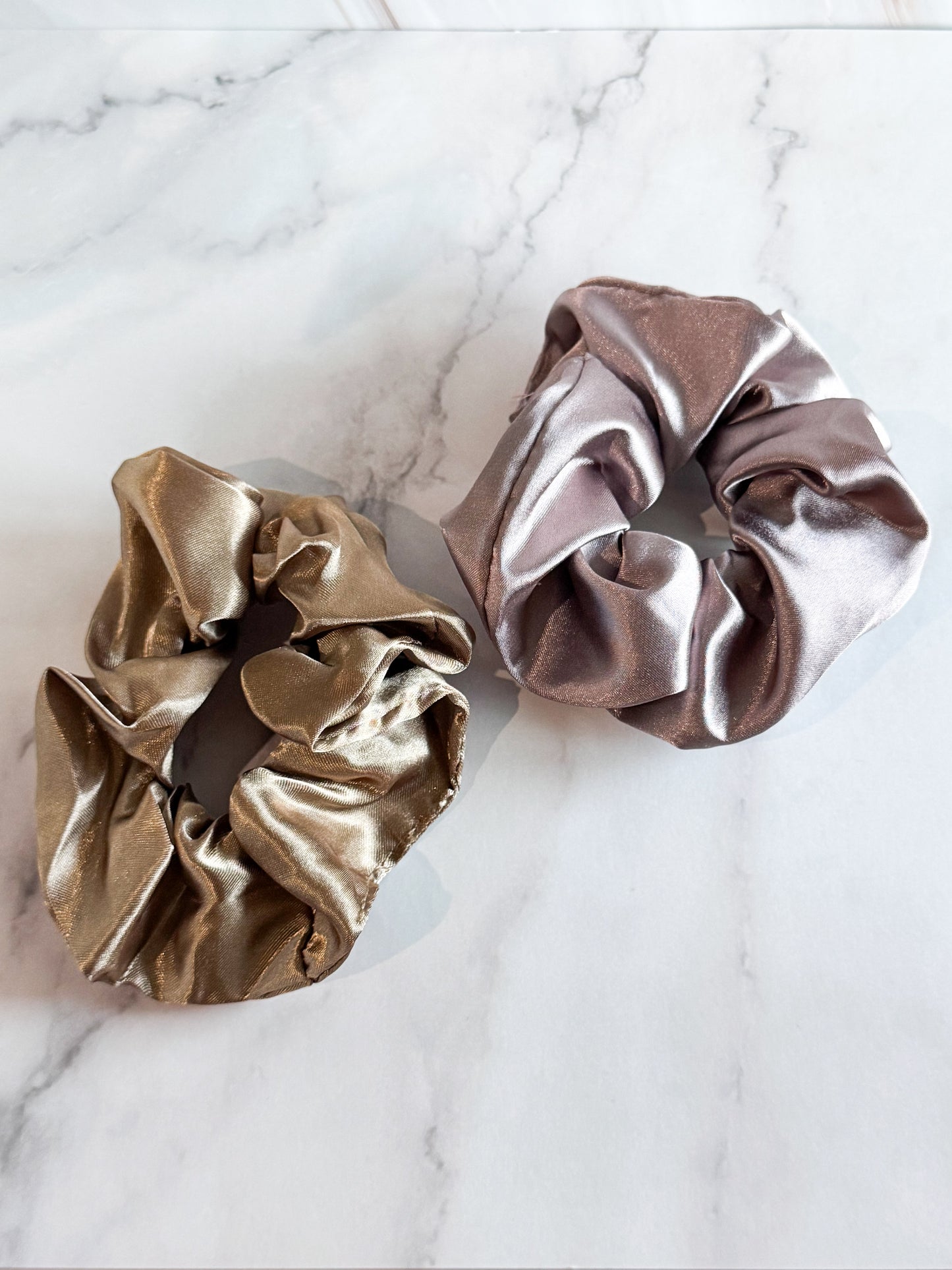 hair scrunchies in antique gold and pinkish gray