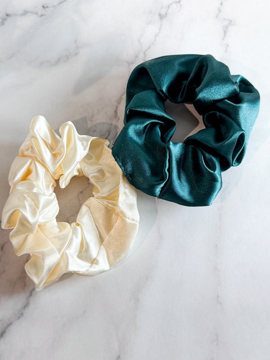 hair scrunchies in ivory pearl and midnight green