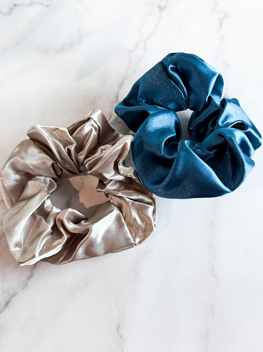 hair scrunchies in champagne mist and capri blue