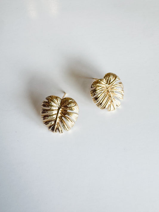 monstera leaf studs in gold