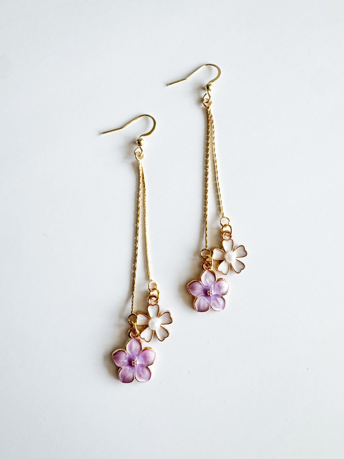 white & purple flower earrings