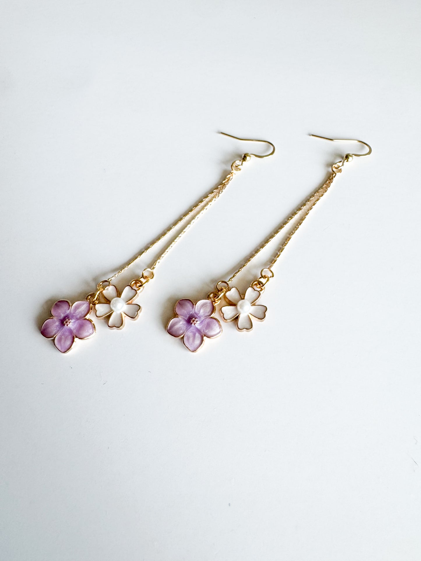white & purple flower earrings