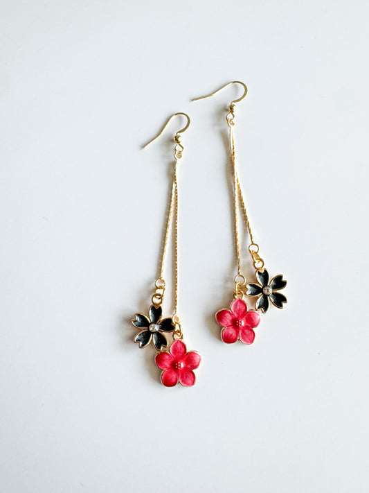 black & pink flower earrings