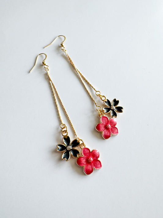 black & pink flower earrings