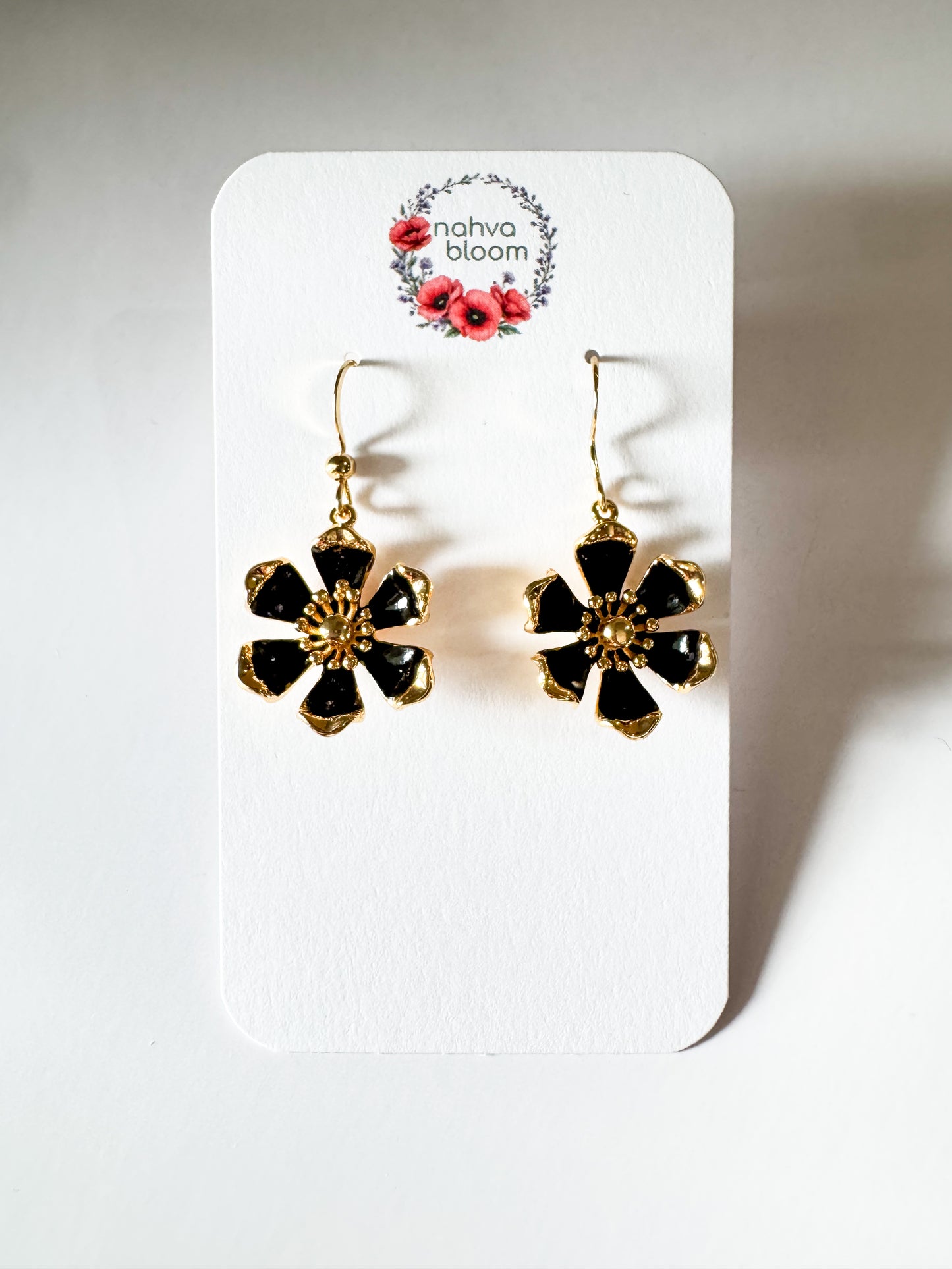 gold & black enamel flower earrings