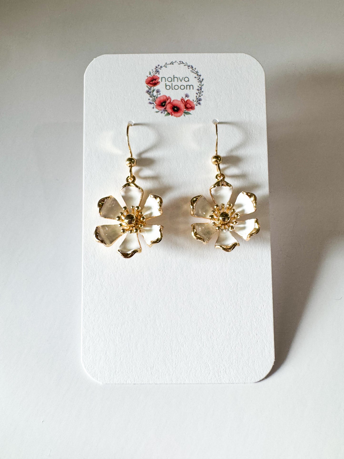 gold & white enamel flower earrings