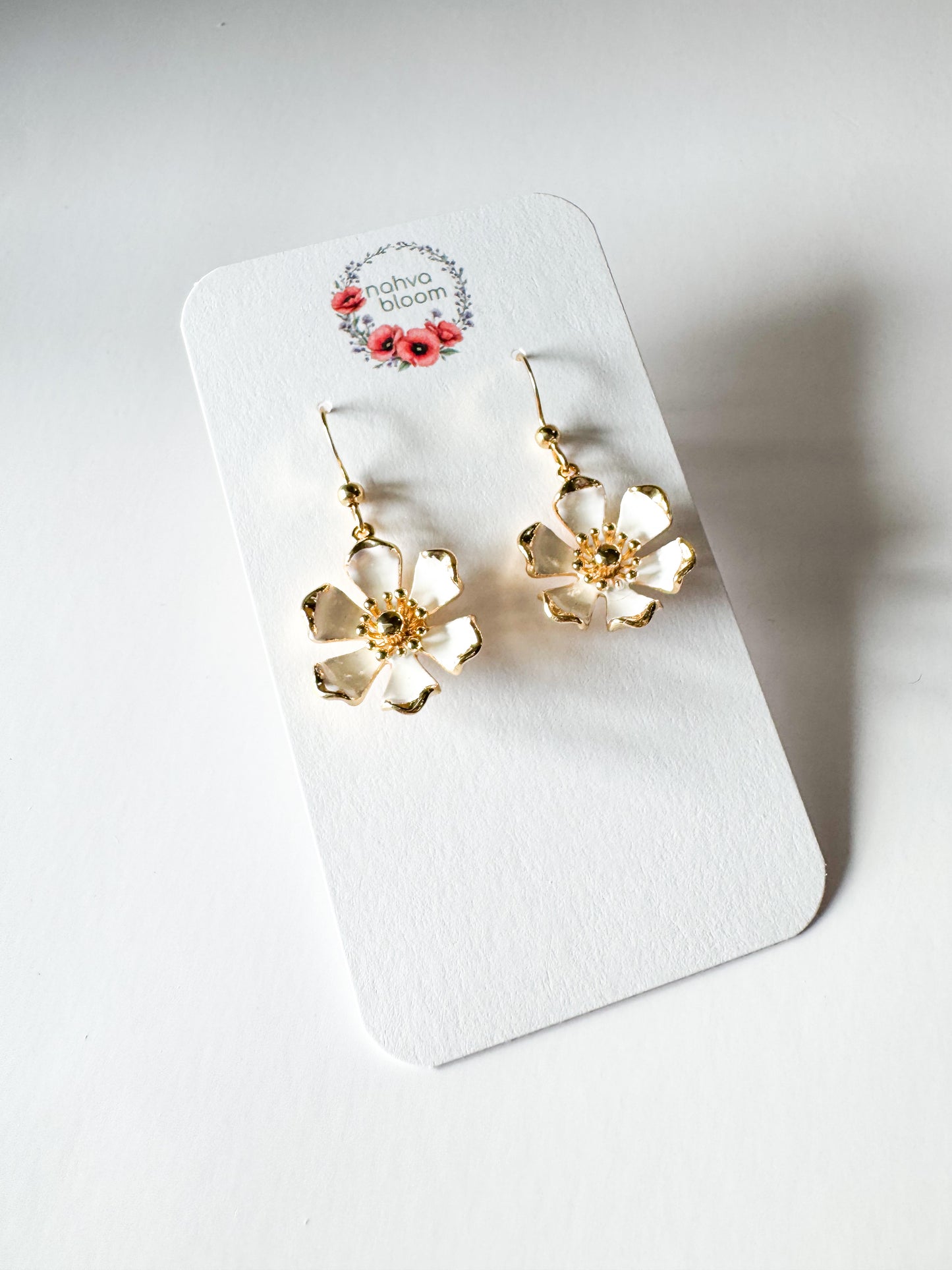 gold & white enamel flower earrings