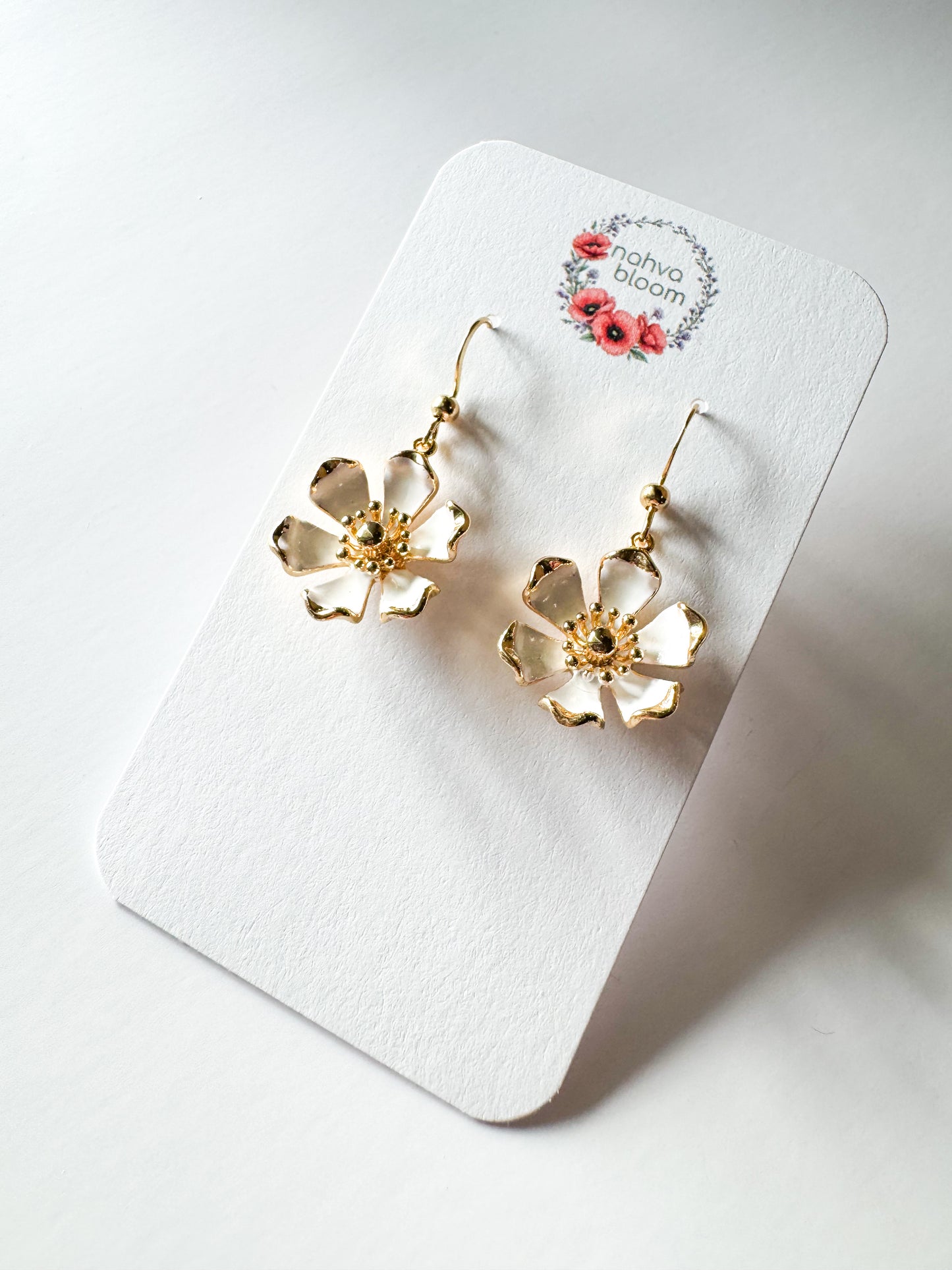 gold & white enamel flower earrings