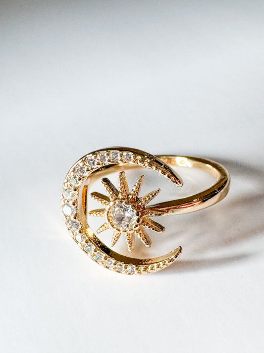 cubic zirconia pave sun & moon adjustable gold ring