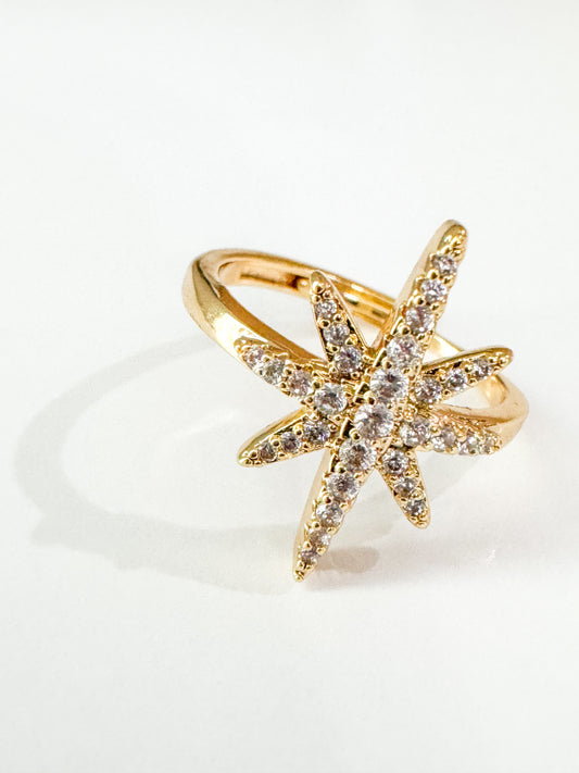 cubic zirconia pave gold star adjustable ring
