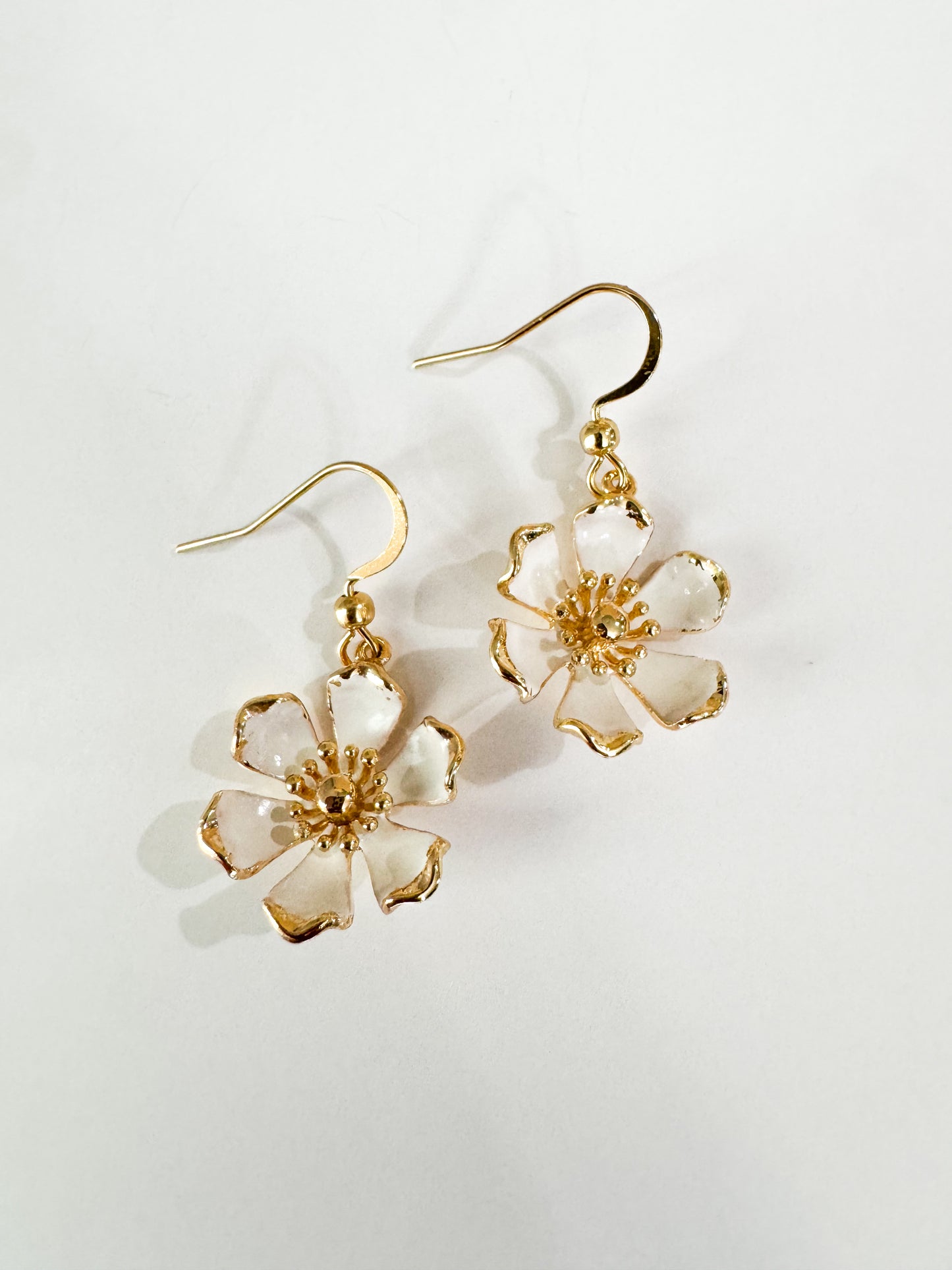 gold & white enamel flower earrings