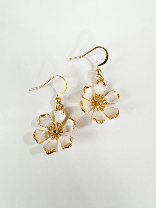 gold & white enamel flower earrings