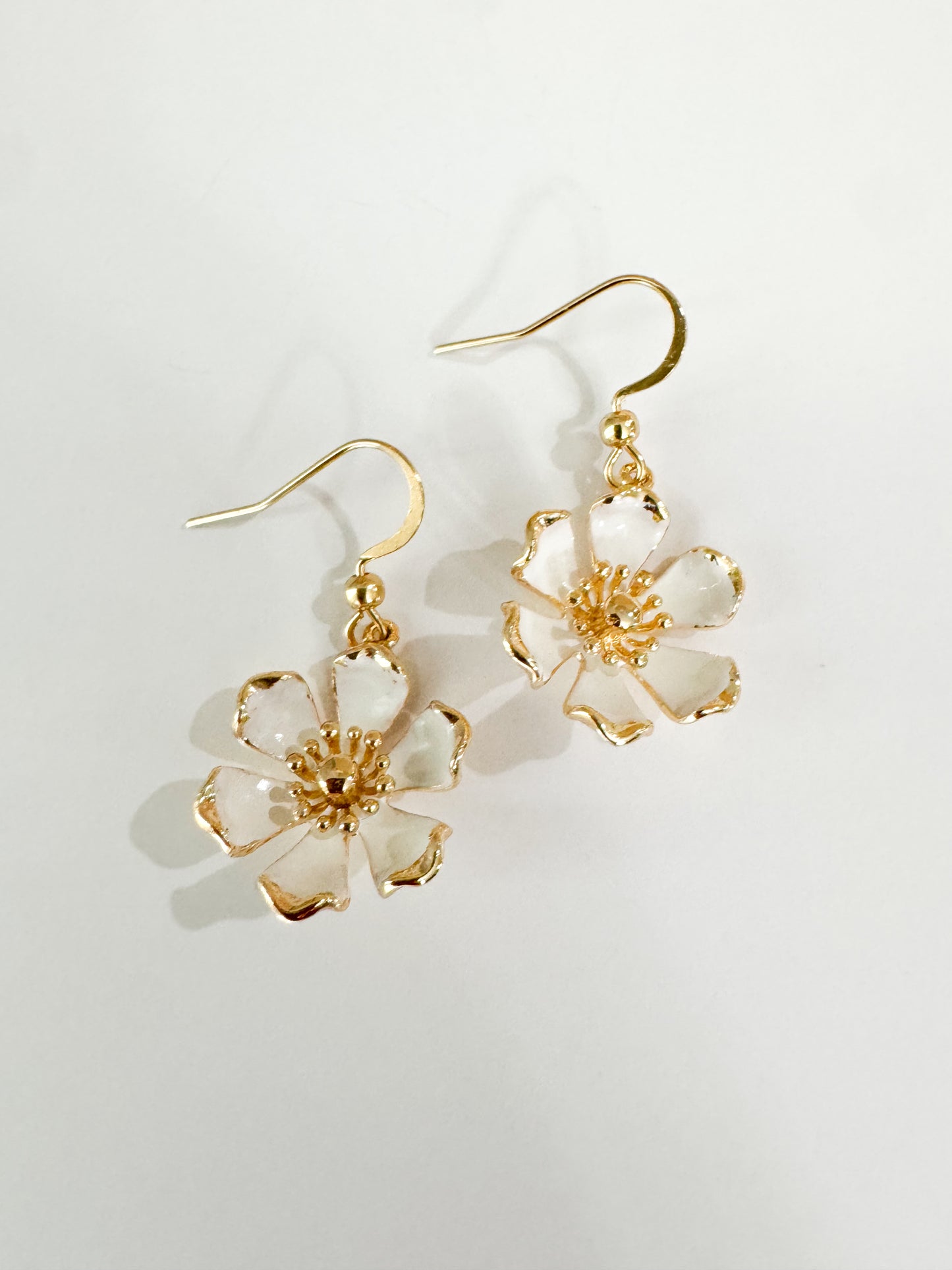gold & white enamel flower earrings