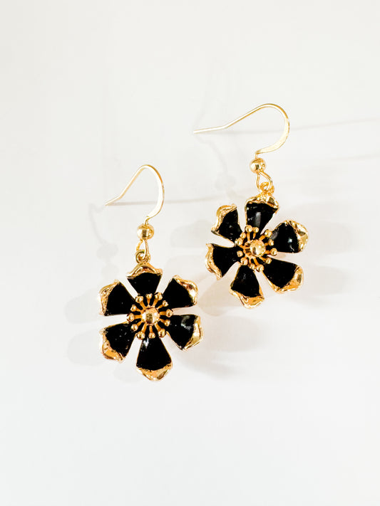 gold & black enamel flower earrings
