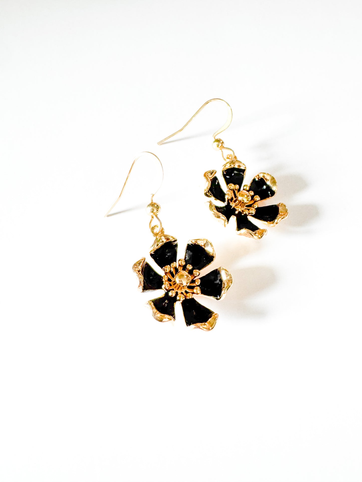 gold & black enamel flower earrings
