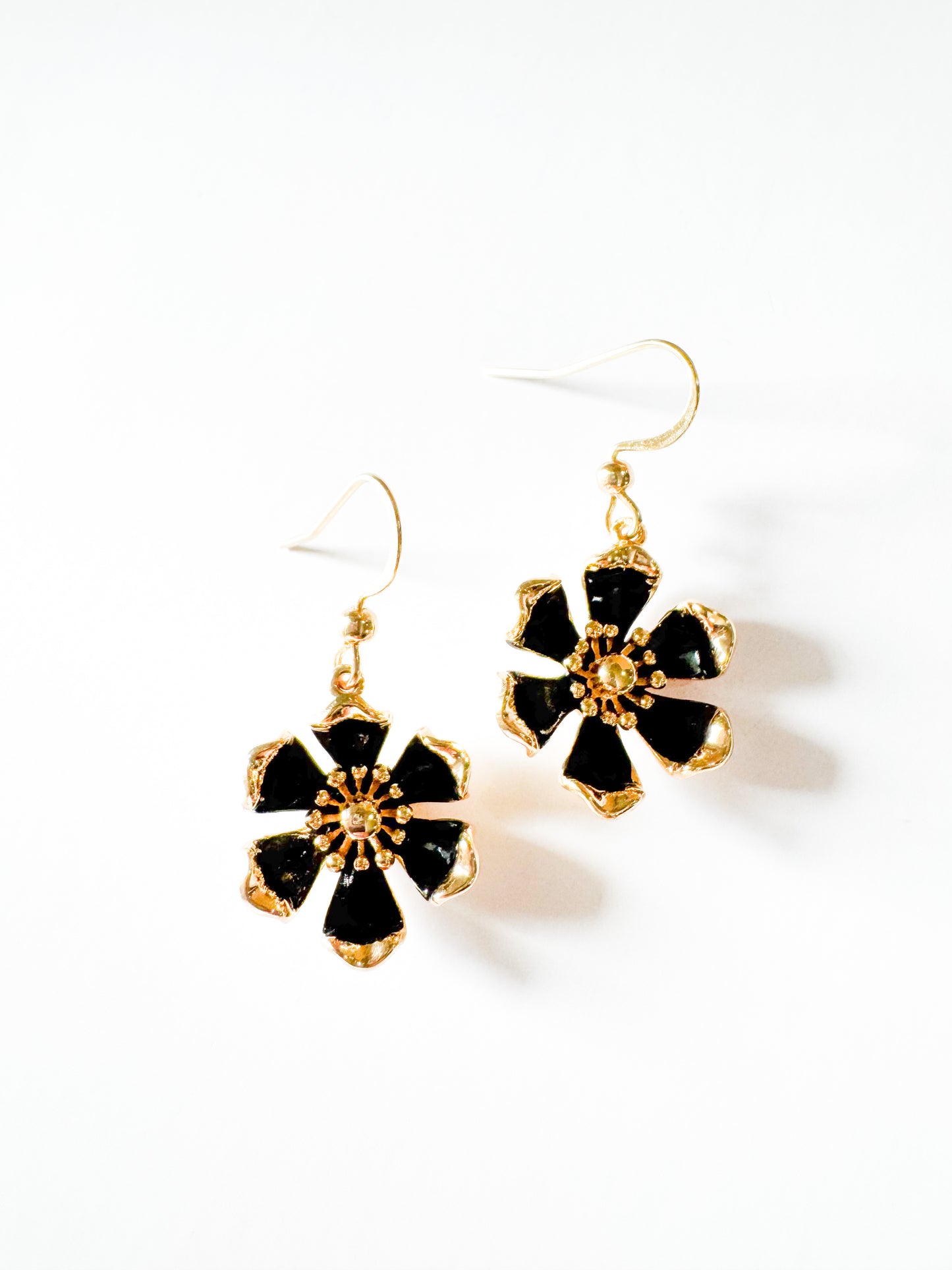 gold & black enamel flower earrings
