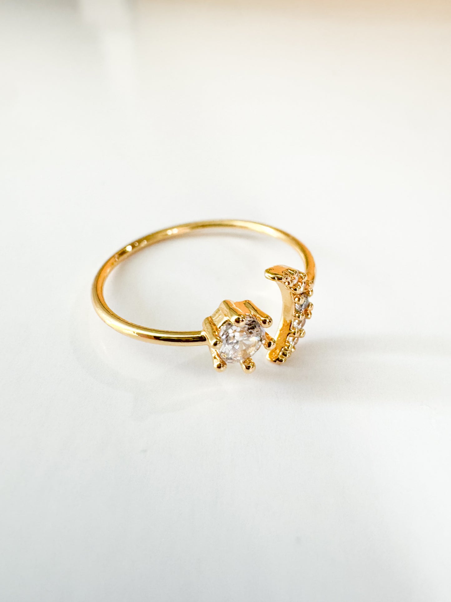 cubic zirconia pave star & moon adjustable gold ring