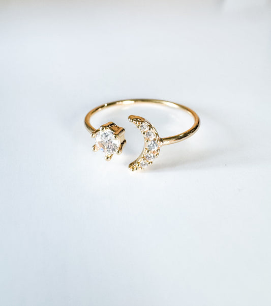 cubic zirconia pave star & moon adjustable gold ring