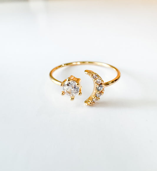 cubic zirconia pave star & moon adjustable gold ring