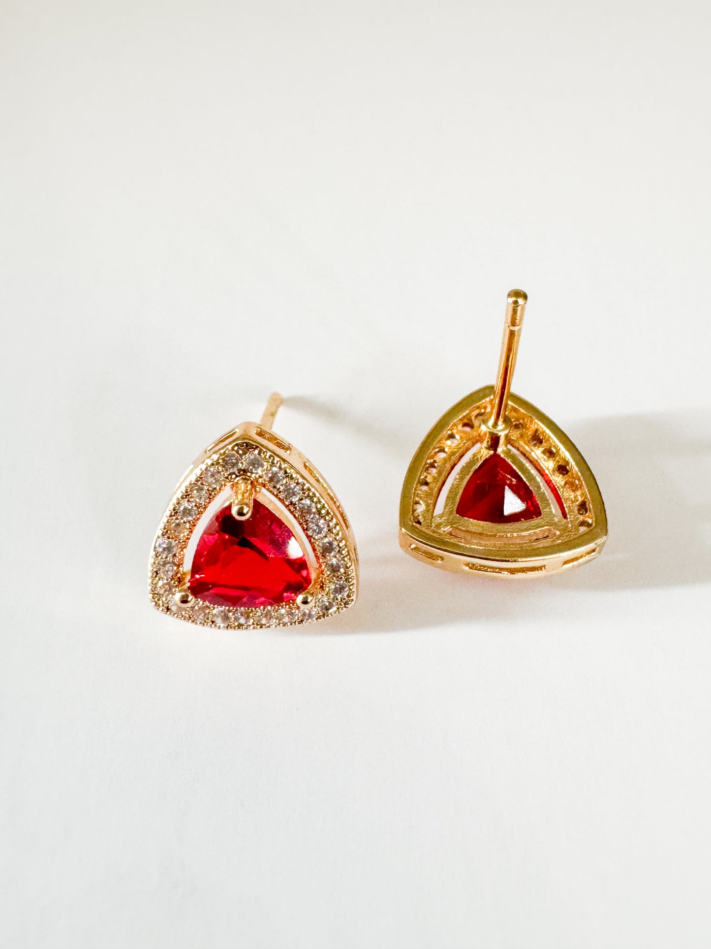 red cubic zirconia pave triangle studs